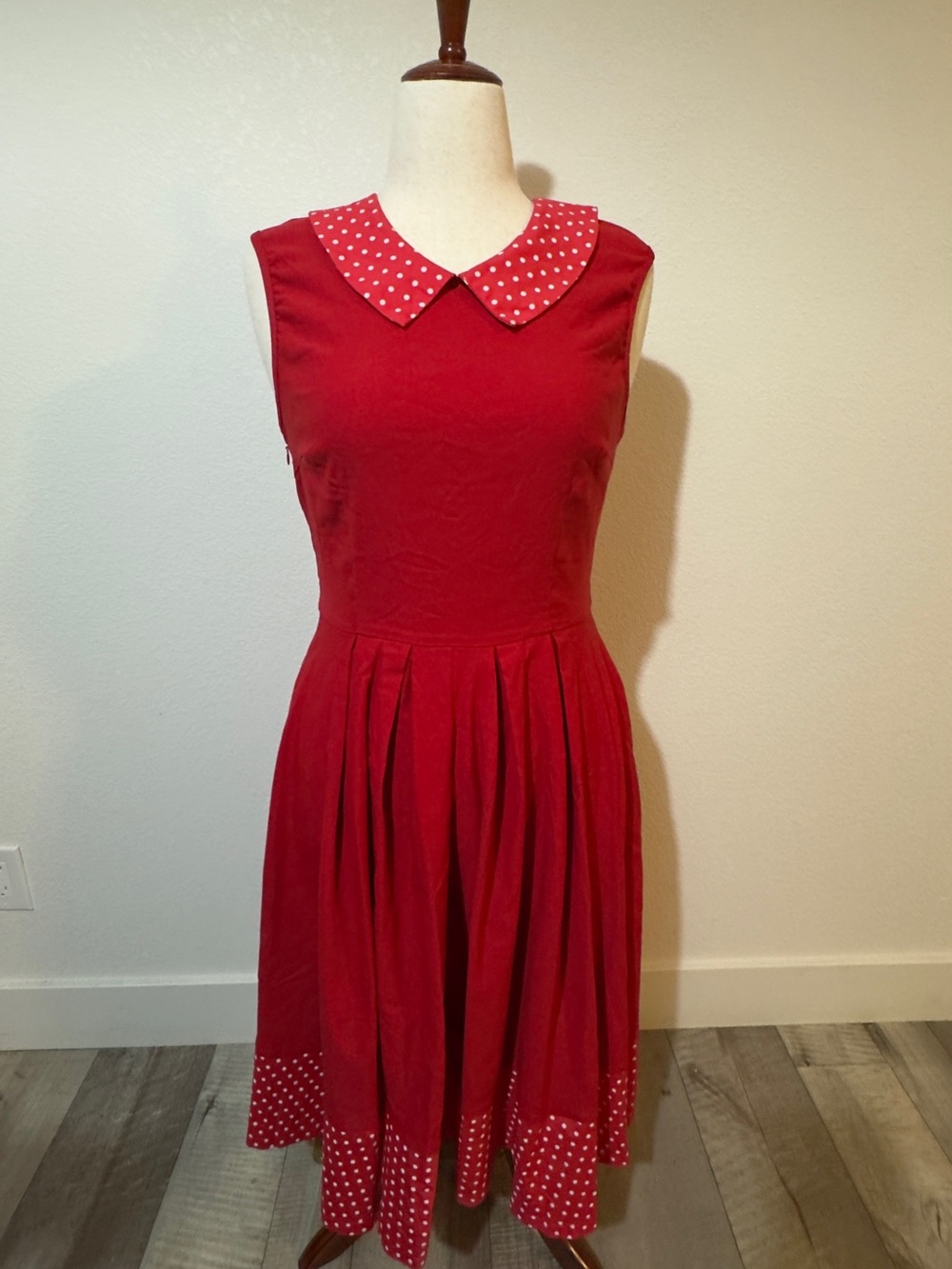 Classic Red Midi Dress with Polka Dot Collar and Hem